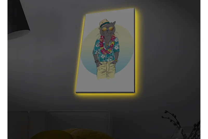 Canvas-taulu LED-valaistuksella - Kissa kesävaatteissa, kukkaseppele ja aurinkolasit, Sininen / Vihreä / Beige