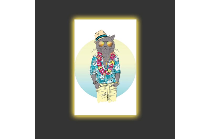 Canvas-taulu LED-valaistuksella - Kissa kesävaatteissa, kukkaseppele ja aurinkolasit - Sininen / Vihreä / Beige - Sisustustuotteet - Taulu & taide - Canvas-taulu