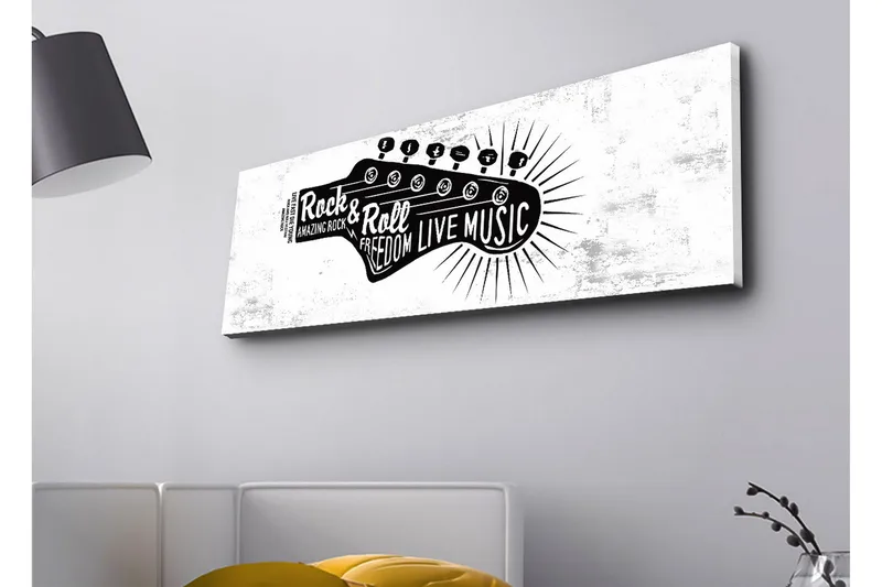 Canvas-taulu LED-valaistuksella - Kitara ja teksti, joka juhlistaa rock-musiikkia ja vapautta, Musta / Valkoinen