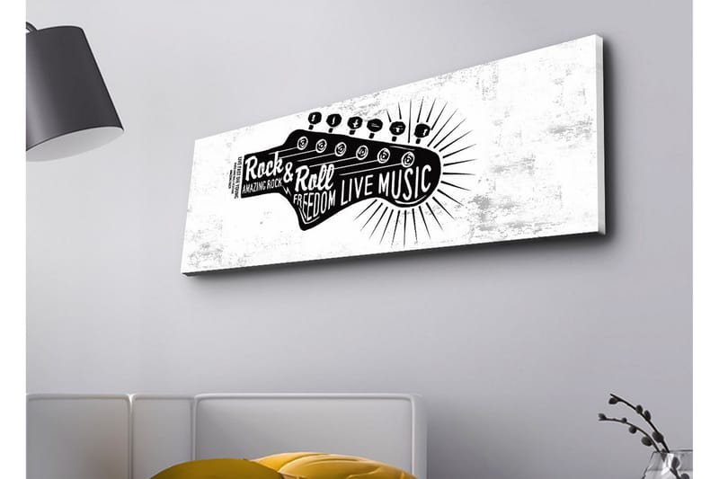 Canvas-taulu LED-valaistuksella - Kitara ja teksti, joka juhlistaa rock-musiikkia ja vapautta, Musta / Valkoinen