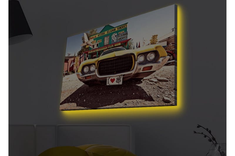 Canvas-taulu LED-valaistuksella - Klassinen amerikkalainen auto retrotyyliin - Keltainen / Harmaa / Musta - Sisustustuotteet - Taulu & taide - Canvas-taulu