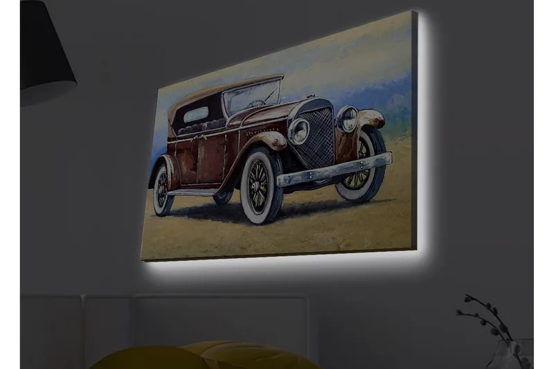 Canvas-taulu LED-valaistuksella - Klassinen auto vintage-designilla, Tummanpunainen / Harmaa / Beige