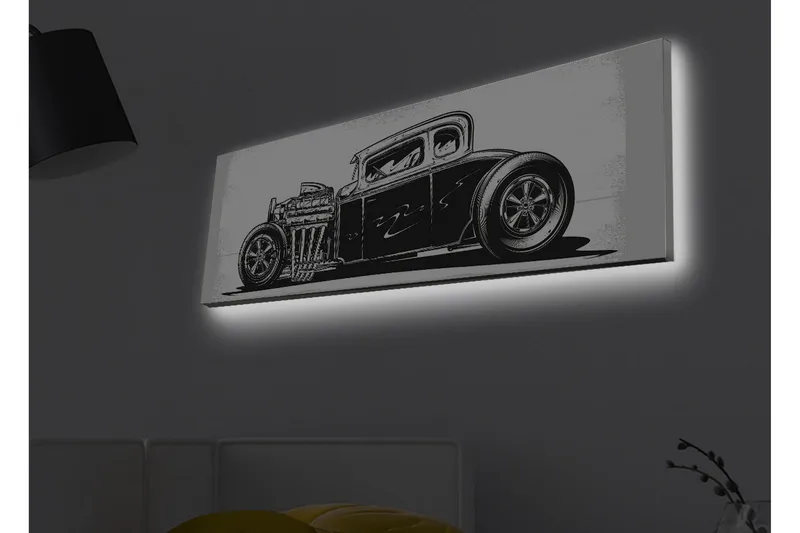 Canvas-taulu LED-valaistuksella - Klassinen hot rod -auto mustavalkoisena, Musta / Valkoinen