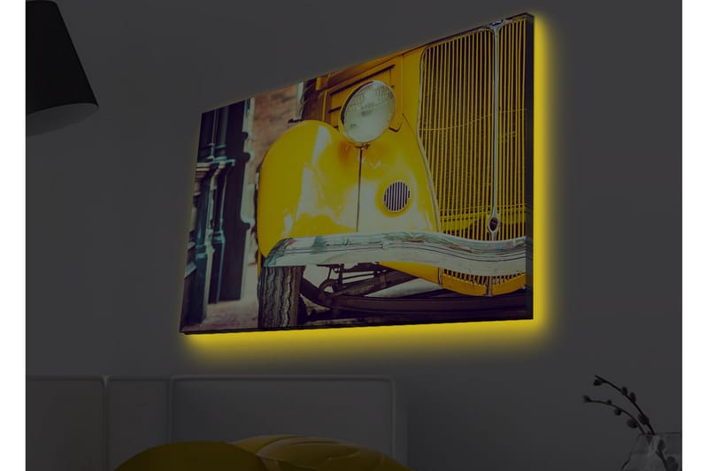 Canvas-taulu LED-valaistuksella - Klassinen keltainen auto retrotyylillä, Keltainen / Musta / Harmaa