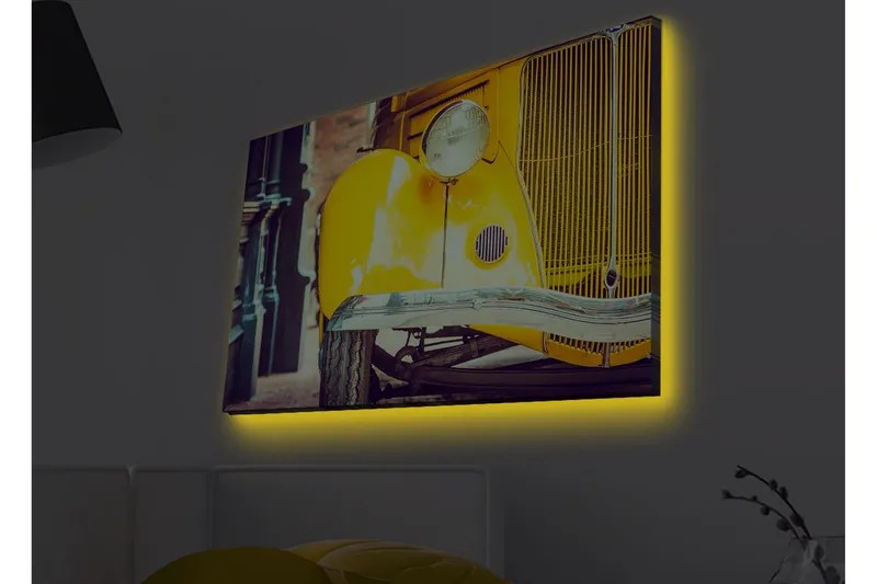 Canvas-taulu LED-valaistuksella - Klassinen keltainen auto retrotyylillä, Keltainen / Musta / Harmaa
