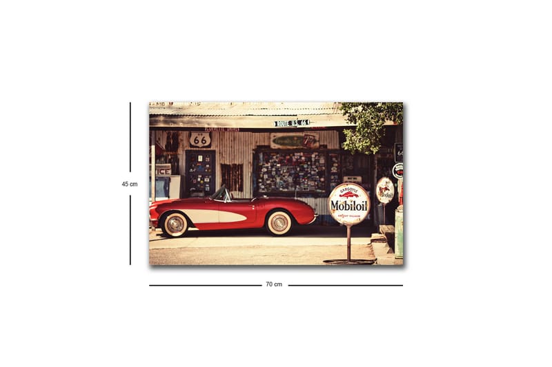 Canvas-taulu LED-valaistuksella - Klassinen punainen urheiluauto vintage-huoltoaseman edessä - Punainen / Harmaa / Valkoinen - Sisustustuotteet - Taulu & taide - Canvas-taulu