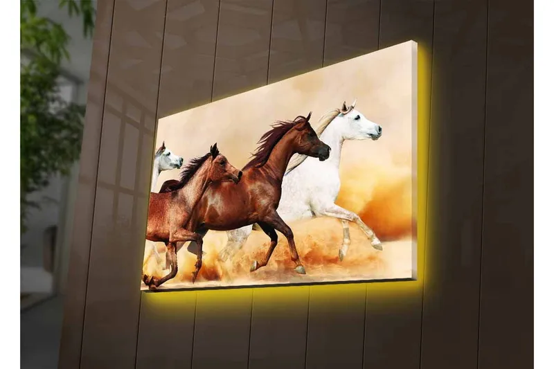 Canvas-taulu LED-valaistuksella - Kolme hevosta liikkeessä hiekkaisella pinnalla - Ruskea / Valkoinen / Beige - Sisustustuotteet - Taulu & taide - Canvas-taulu