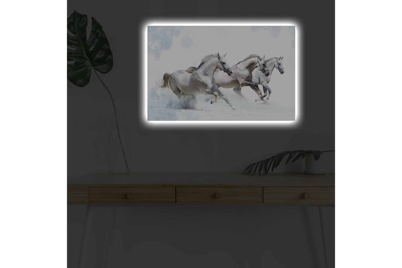 Canvas-taulu LED-valaistuksella - Kolme valkoista hevosta laukkaa lumimaisemassa - Valkoinen / Vaaleanharmaa / Sininen - Sisustustuotteet - Taulu & taide - Canvas-taulu