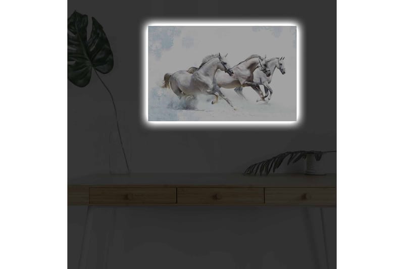 Canvas-taulu LED-valaistuksella - Kolme valkoista hevosta laukkaa lumimaisemassa - Valkoinen / Vaaleanharmaa / Sininen - Sisustustuotteet - Taulu & taide - Canvas-taulu