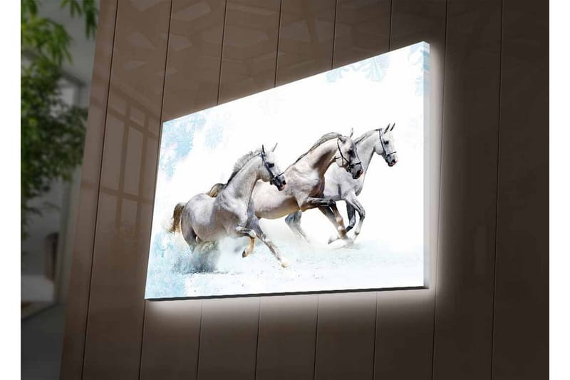 Canvas-taulu LED-valaistuksella - Kolme valkoista hevosta laukkaa lumimaisemassa - Valkoinen / Vaaleanharmaa / Sininen - Sisustustuotteet - Taulu & taide - Canvas-taulu