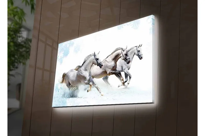 Canvas-taulu LED-valaistuksella - Kolme valkoista hevosta laukkaa lumimaisemassa - Valkoinen / Vaaleanharmaa / Sininen - Sisustustuotteet - Taulu & taide - Canvas-taulu
