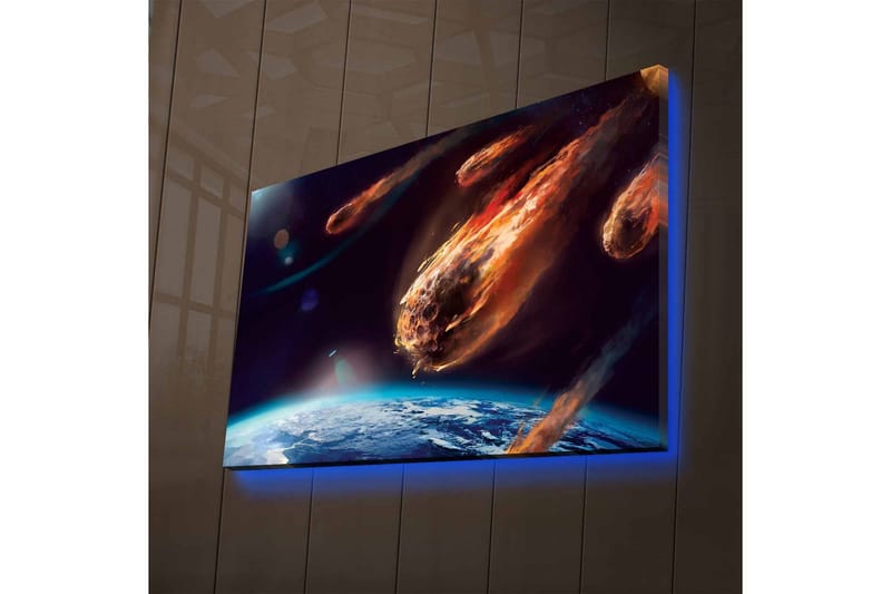 Canvas-taulu LED-valaistuksella - Komeetta törmää Maahan dramaattisessa avaruusmaisemassa, Tummansininen / Oranssi / Harmaa