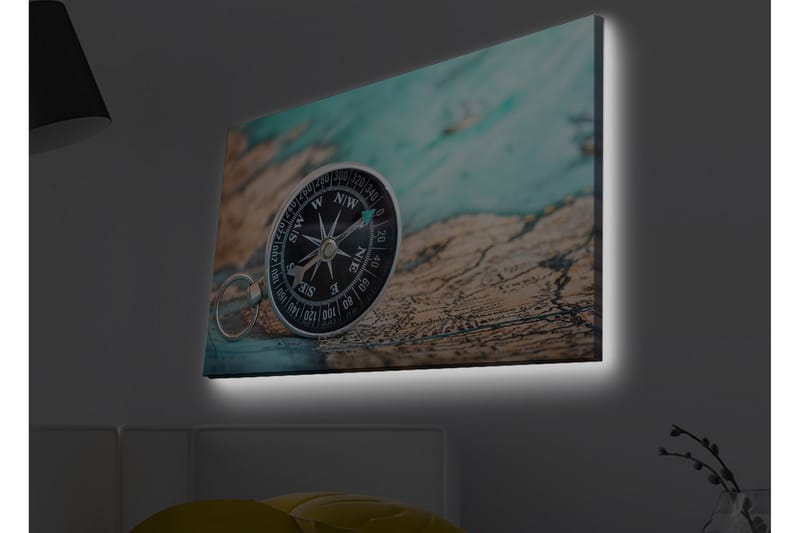 Canvas-taulu LED-valaistuksella - Kompassi vanhalla meriaiheisella kartalla - Turkoosi / Ruskea / Musta - Sisustustuotteet - Taulu & taide - Canvas-taulu