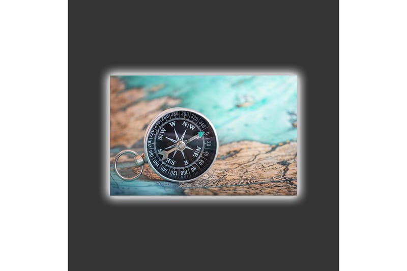 Canvas-taulu LED-valaistuksella - Kompassi vanhalla meriaiheisella kartalla - Turkoosi / Ruskea / Musta - Sisustustuotteet - Taulu & taide - Canvas-taulu