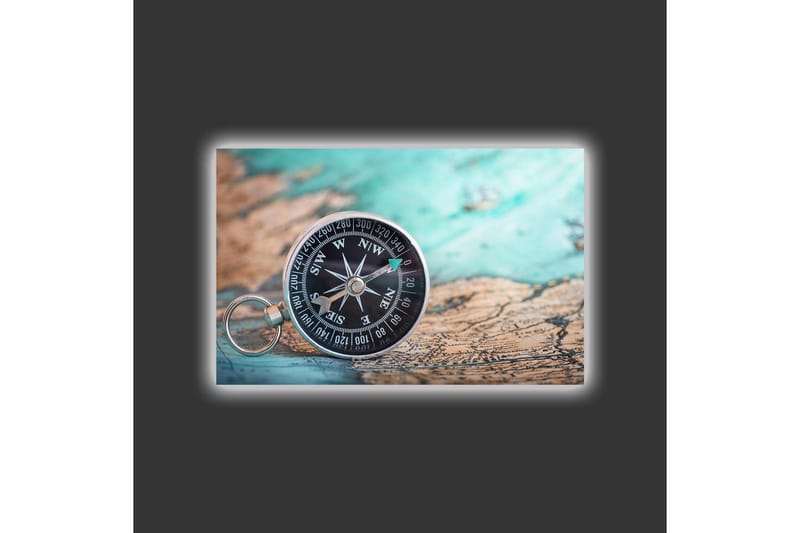 Canvas-taulu LED-valaistuksella - Kompassi vanhalla meriaiheisella kartalla - Turkoosi / Ruskea / Musta - Sisustustuotteet - Taulu & taide - Canvas-taulu