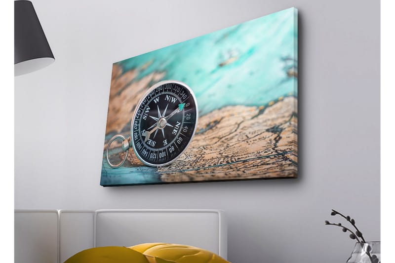 Canvas-taulu LED-valaistuksella - Kompassi vanhalla meriaiheisella kartalla - Turkoosi / Ruskea / Musta - Sisustustuotteet - Taulu & taide - Canvas-taulu