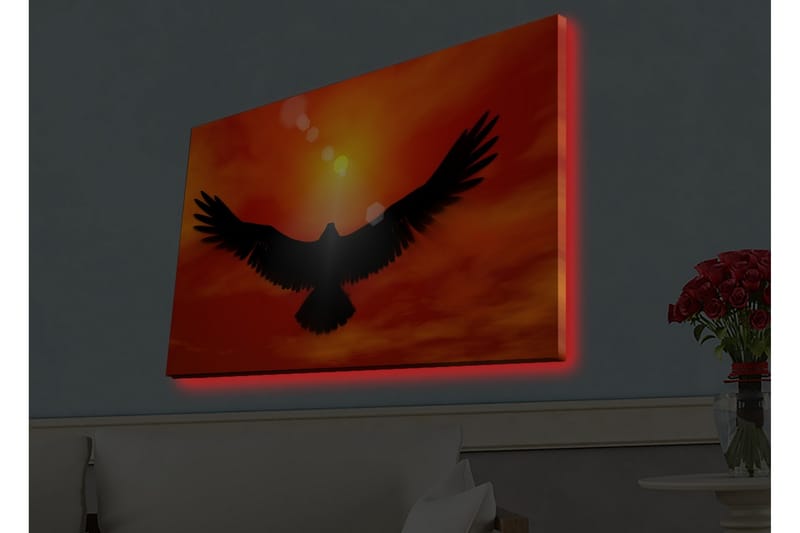 Canvas-taulu LED-valaistuksella - Kotkan siluetti lentää kohti auringonlaskua kirkkaissa väreissä - Punainen / Musta / Oranssi - Sisustustuotteet - Taulu & taide - Canvas-taulu