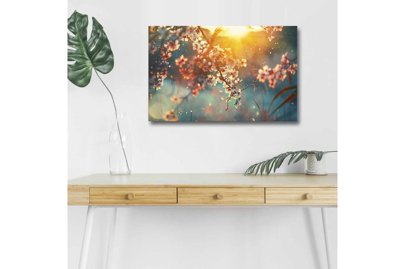 Canvas-taulu LED-valaistuksella - Kukkivat oksat pehmeässä valossa, Vaaleanpunainen / Sininen / Kulta