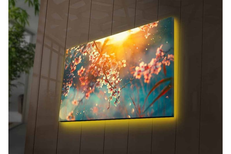 Canvas-taulu LED-valaistuksella - Kukkivat oksat pehmeässä valossa - Vaaleanpunainen / Sininen / Kulta - Sisustustuotteet - Taulu & taide - Canvas-taulu