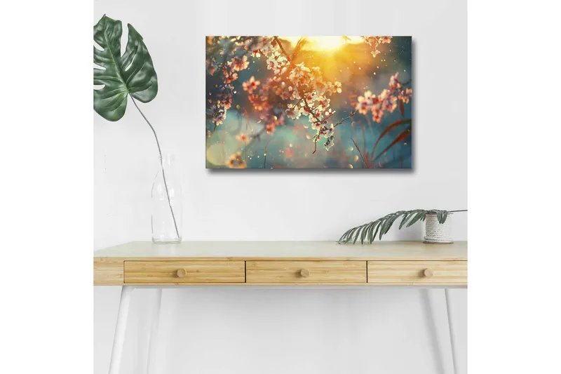 Canvas-taulu LED-valaistuksella - Kukkivat oksat pehmeässä valossa, Vaaleanpunainen / Sininen / Kulta