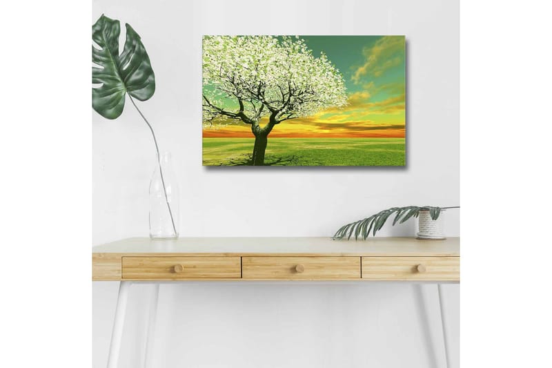 Canvas-taulu LED-valaistuksella - Kukkivia puita auringonlaskun aikaan - Vihreä / Valkoinen / Oranssi - Sisustustuotteet - Taulu & taide - Canvas-taulu