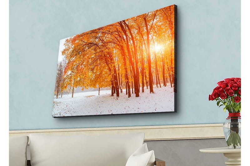 Canvas-taulu LED-valaistuksella - Kultainen syksyinen metsä auringonsäteiden paistaessa puiden välistä, Oranssi / Kulta / Valkoinen