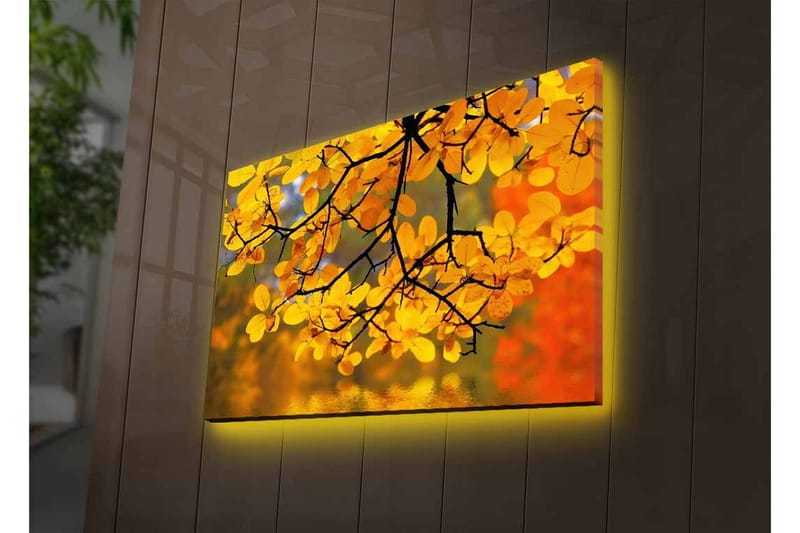 Canvas-taulu LED-valaistuksella - Kultaiset syksyn lehdet roikkuvat oksalla - Kulta / Vihreä / Oranssi - Sisustustuotteet - Taulu & taide - Canvas-taulu