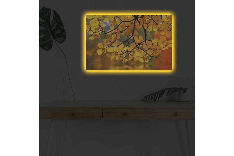 Canvas-taulu LED-valaistuksella - Kultaiset syksyn lehdet roikkuvat oksalla - Kulta / Vihreä / Oranssi - Sisustustuotteet - Taulu & taide - Canvas-taulu