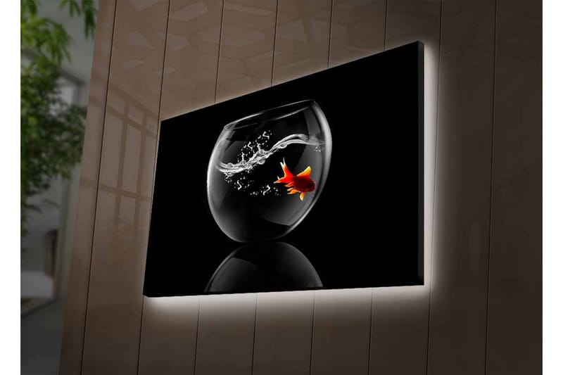 Canvas-taulu LED-valaistuksella - Kultakala ui lasiastiassa vesiroiskeiden kanssa - Musta / Punainen / Läpinäkyvä - Sisustustuotteet - Taulu & taide - Canvas-taulu