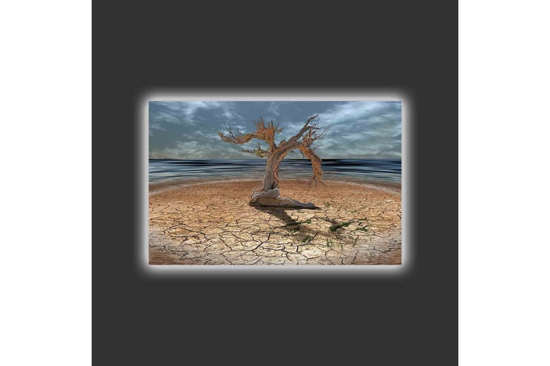 Canvas-taulu LED-valaistuksella - Kuollut puu halkeilevalla maanpinnalla meren rannalla - Ruskea / Harmaa / Sininen - Sisustustuotteet - Taulu & taide - Canvas-taulu