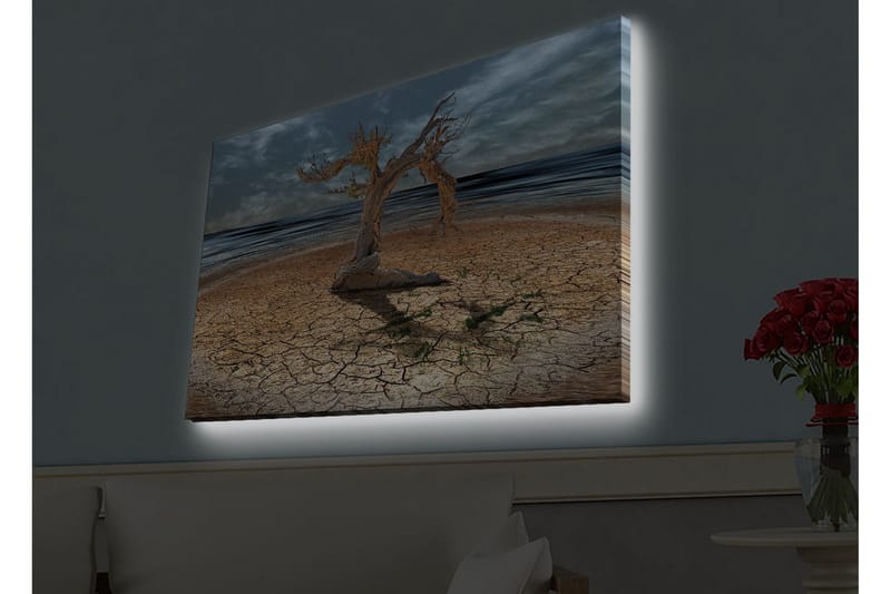 Canvas-taulu LED-valaistuksella - Kuollut puu halkeilevalla maanpinnalla meren rannalla - Ruskea / Harmaa / Sininen - Sisustustuotteet - Taulu & taide - Canvas-taulu