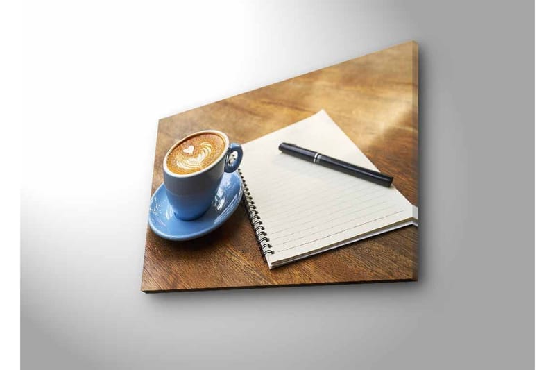 Canvas-taulu LED-valaistuksella - Kupillinen latte artia puupöydällä muistikirjan ja kynän kanssa - Sininen / Ruskea / Valkoinen - Sisustustuotteet - Taulu & taide - Canvas-taulu