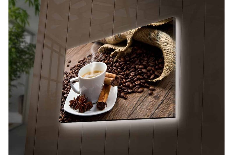 Canvas-taulu LED-valaistuksella - Kuppi höyryävää kahvia kahvipapujen ja mausteiden ympäröimänä - Ruskea / Valkoinen / Beige - Sisustustuotteet - Taulu & taide - Canvas-taulu