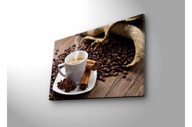 Canvas-taulu LED-valaistuksella - Kuppi höyryävää kahvia kahvipapujen ja mausteiden ympäröimänä - Ruskea / Valkoinen / Beige - Sisustustuotteet - Taulu & taide - Canvas-taulu
