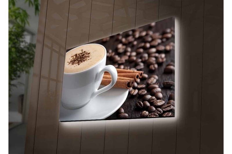 Canvas-taulu LED-valaistuksella - Kuppi kahvia ja kanelitankoja kahvipapujen taustalla - Ruskea / Valkoinen / Beige - Sisustustuotteet - Taulu & taide - Canvas-taulu