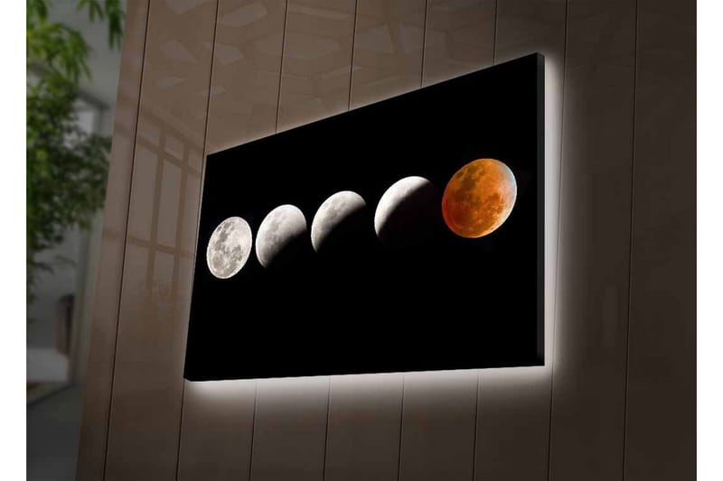 Canvas-taulu LED-valaistuksella - Kuun vaiheet eri muodoissa mustalla taustalla - Harmaa / Musta / Punainen - Sisustustuotteet - Taulu & taide - Canvas-taulu