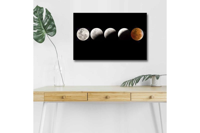Canvas-taulu LED-valaistuksella - Kuun vaiheet eri muodoissa mustalla taustalla, Harmaa / Musta / Punainen