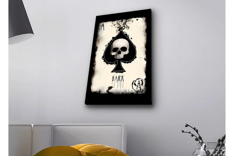 Canvas-taulu LED-valaistuksella - Lapiomainen kallo tummilla elementeillä, Musta / Valkoinen / Harmaa