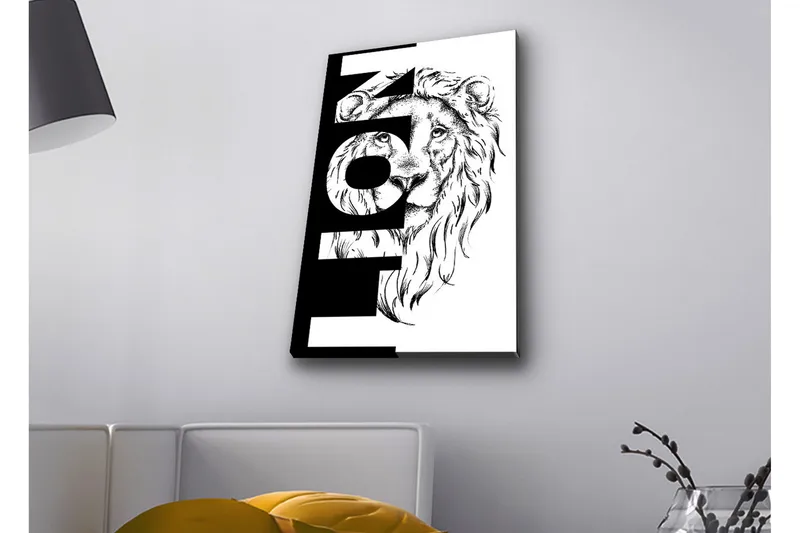 Canvas-taulu LED-valaistuksella - Leijonanpää graafisilla elementeillä, Musta / Valkoinen