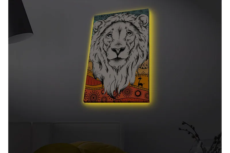 Canvas-taulu LED-valaistuksella - Leijonanpää värikkäällä taustalla ja kuviolla, Harmaa / Oranssi / Sininen
