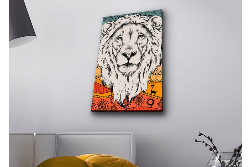 Canvas-taulu LED-valaistuksella - Leijonanpää värikkäällä taustalla ja kuviolla - Harmaa / Oranssi / Sininen - Sisustustuotteet - Taulu & taide - Canvas-taulu