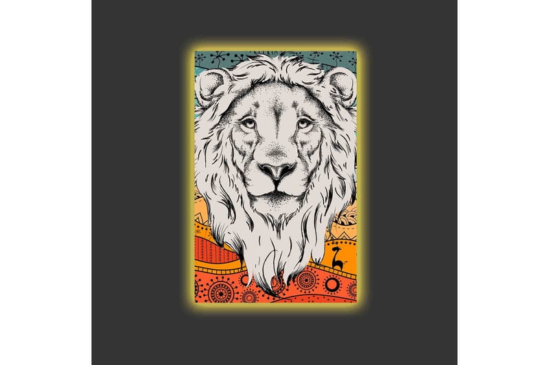 Canvas-taulu LED-valaistuksella - Leijonanpää värikkäällä taustalla ja kuviolla - Harmaa / Oranssi / Sininen - Sisustustuotteet - Taulu & taide - Canvas-taulu