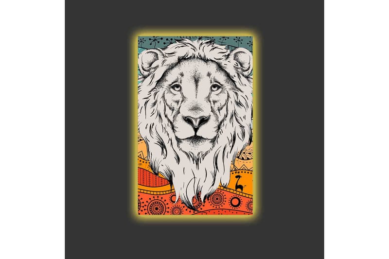 Canvas-taulu LED-valaistuksella - Leijonanpää värikkäällä taustalla ja kuviolla - Harmaa / Oranssi / Sininen - Sisustustuotteet - Taulu & taide - Canvas-taulu