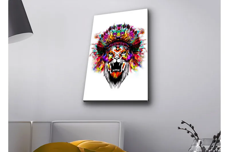 Canvas-taulu LED-valaistuksella - Leijonanpää värikkäillä höyhenillä, Oranssi / Violetti / Vihreä