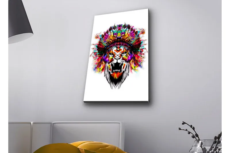Canvas-taulu LED-valaistuksella - Leijonanpää värikkäillä höyhenillä, Oranssi / Violetti / Vihreä