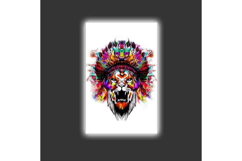 Canvas-taulu LED-valaistuksella - Leijonanpää värikkäillä höyhenillä - Oranssi / Violetti / Vihreä - Sisustustuotteet - Taulu & taide - Canvas-taulu