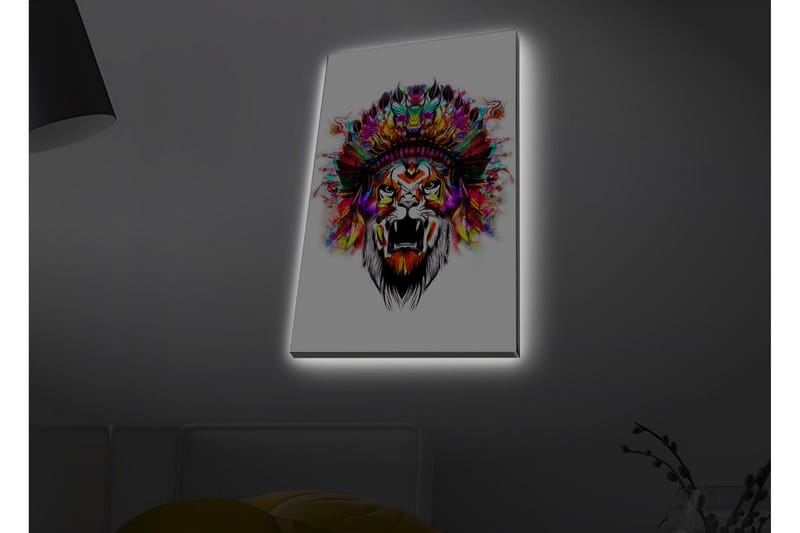 Canvas-taulu LED-valaistuksella - Leijonanpää värikkäillä höyhenillä - Oranssi / Violetti / Vihreä - Sisustustuotteet - Taulu & taide - Canvas-taulu
