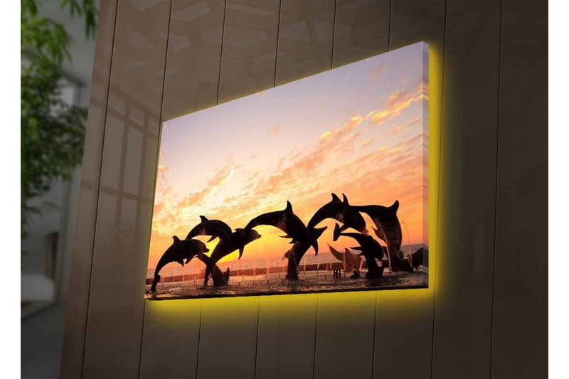 Canvas-taulu LED-valaistuksella - Leikkisät delfiinit hyppivät auringonlaskussa - Oranssi / Musta / Sininen - Sisustustuotteet - Taulu & taide - Canvas-taulu