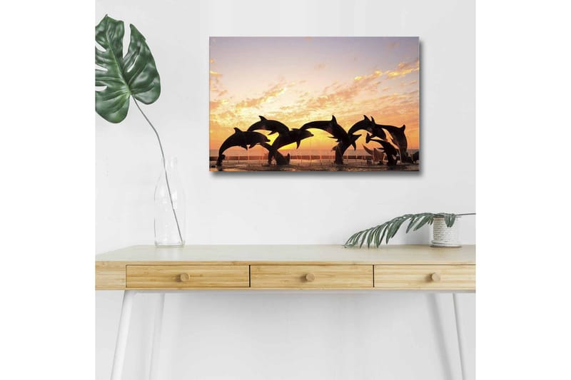 Canvas-taulu LED-valaistuksella - Leikkisät delfiinit hyppivät auringonlaskussa - Oranssi / Musta / Sininen - Sisustustuotteet - Taulu & taide - Canvas-taulu