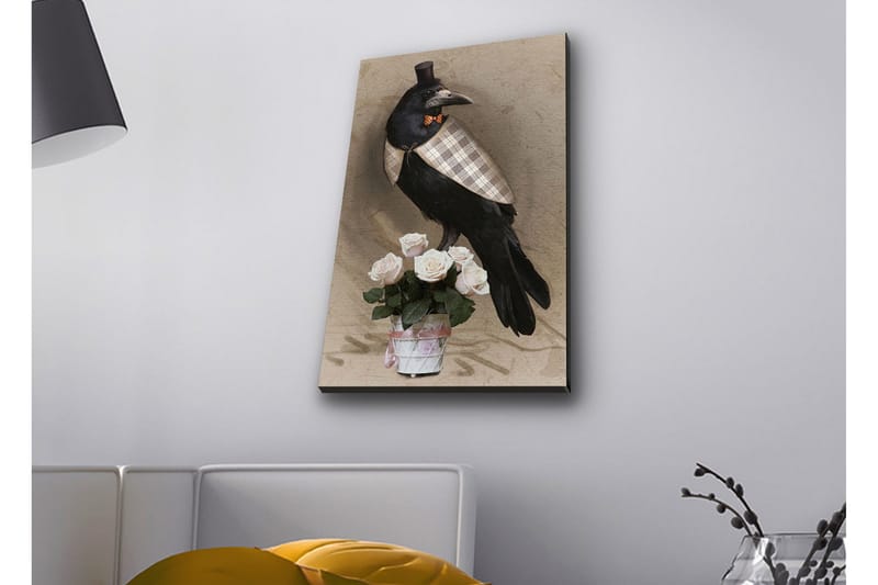 Canvas-taulu LED-valaistuksella - Lintu elegantissa asussa ruusukimpun kanssa - Musta / Vaaleanpunainen / Beige - Sisustustuotteet - Taulu & taide - Canvas-taulu